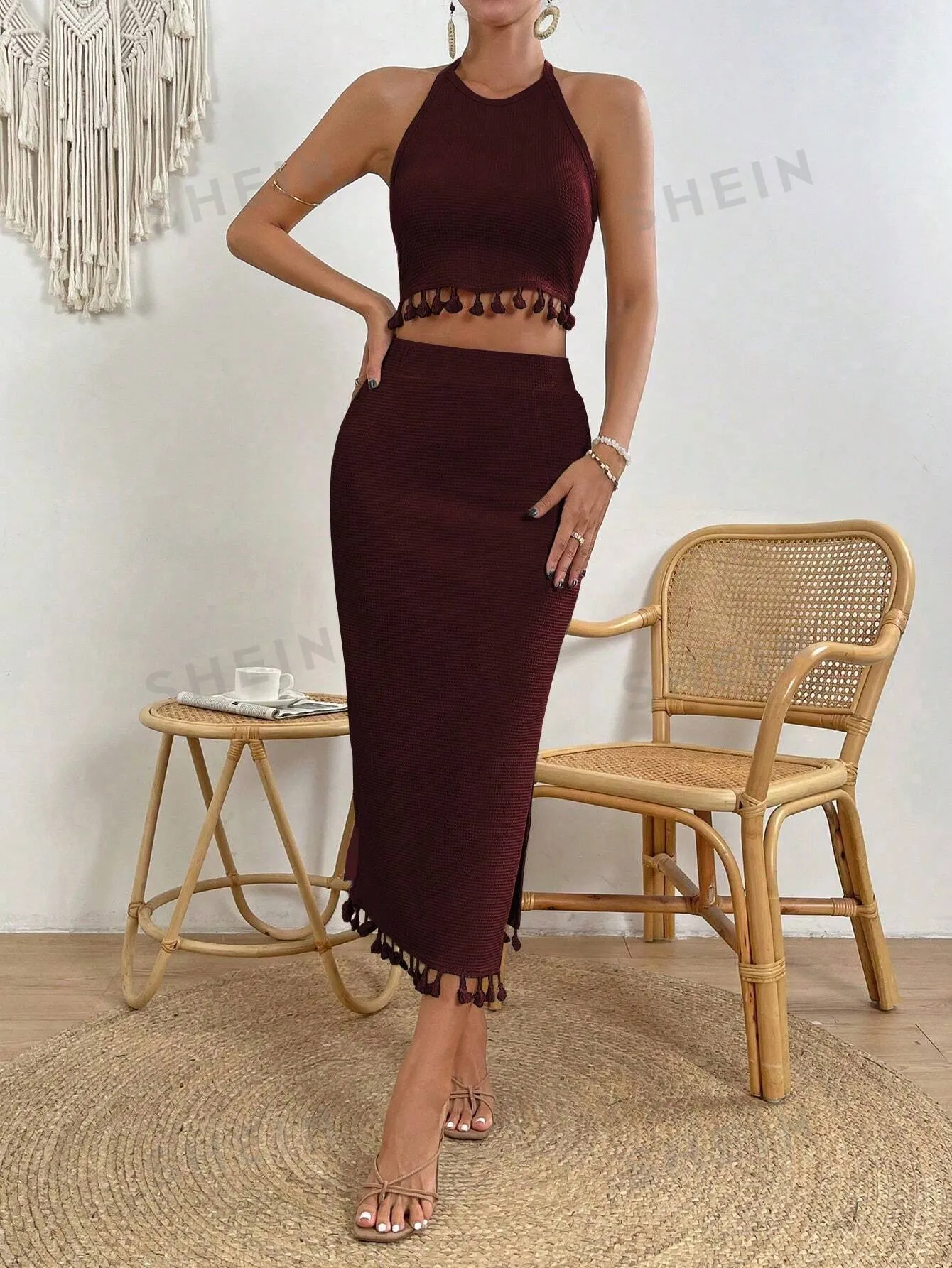 VCAY Women's Fringed Halter Top And High Slit Skirt Set