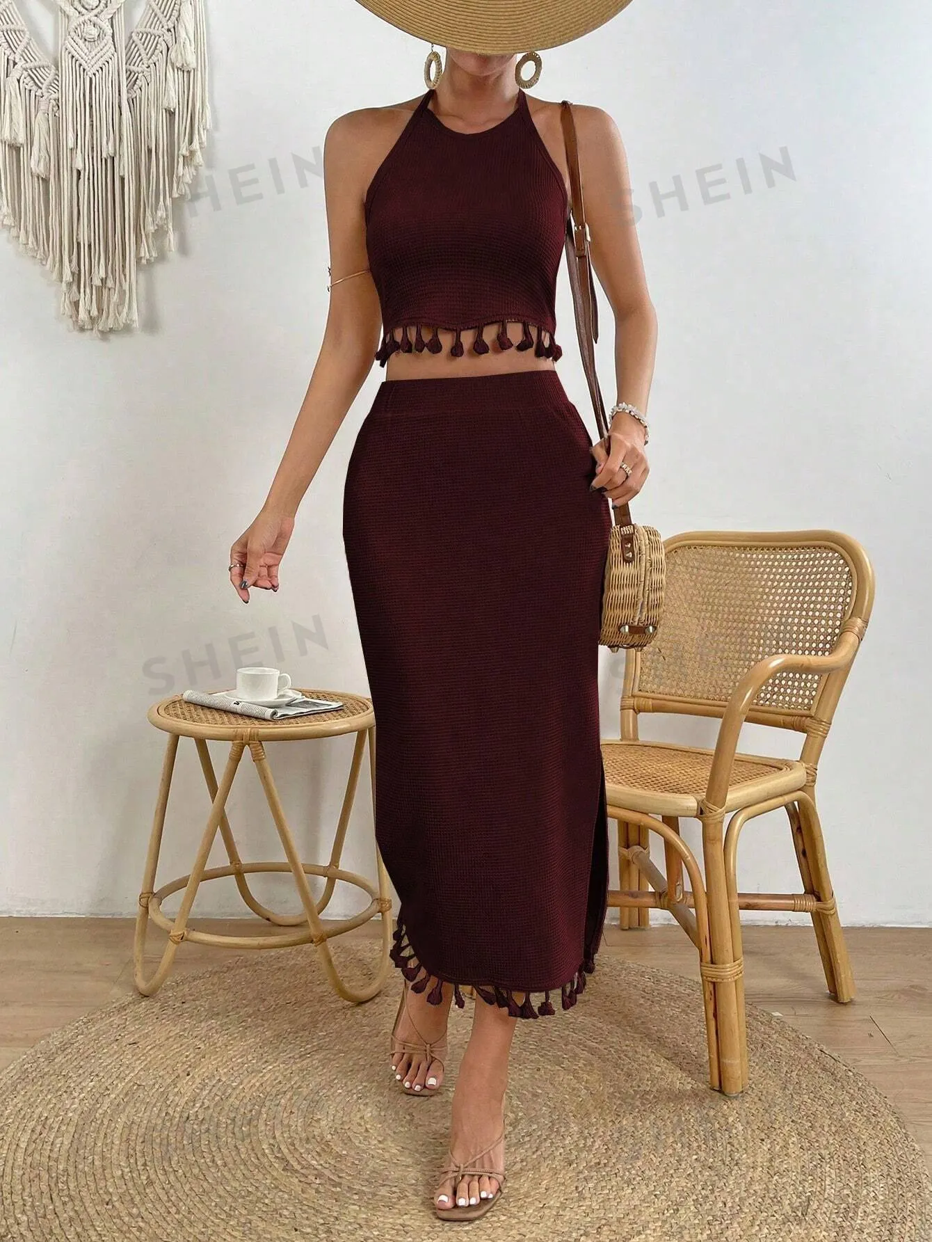 VCAY Women's Fringed Halter Top And High Slit Skirt Set