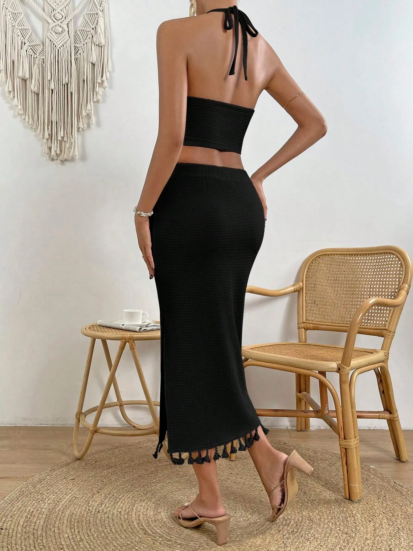 VCAY Women's Fringed Halter Top And High Slit Skirt Set