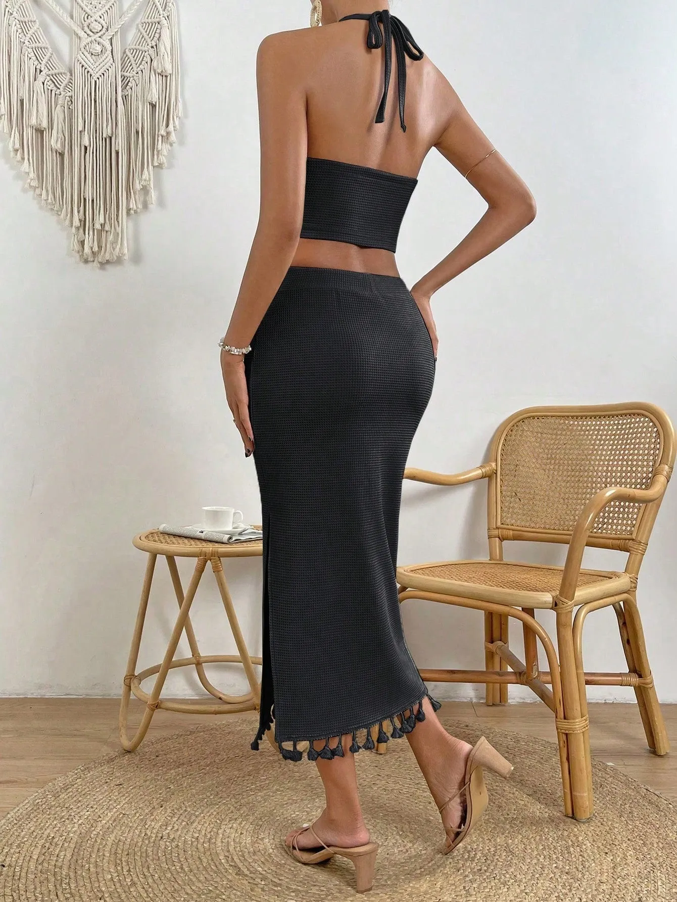 VCAY Women's Fringed Halter Top And High Slit Skirt Set