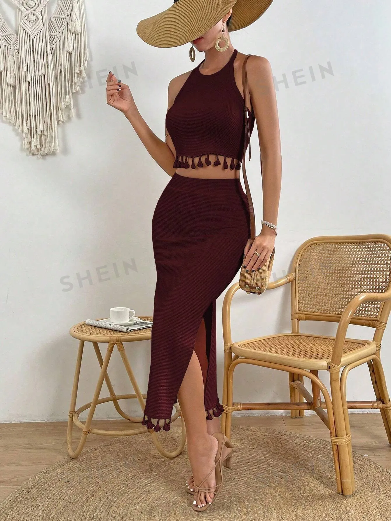 VCAY Women's Fringed Halter Top And High Slit Skirt Set