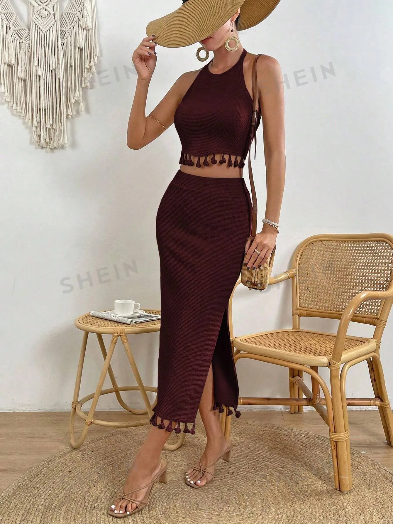 VCAY Women's Fringed Halter Top And High Slit Skirt Set