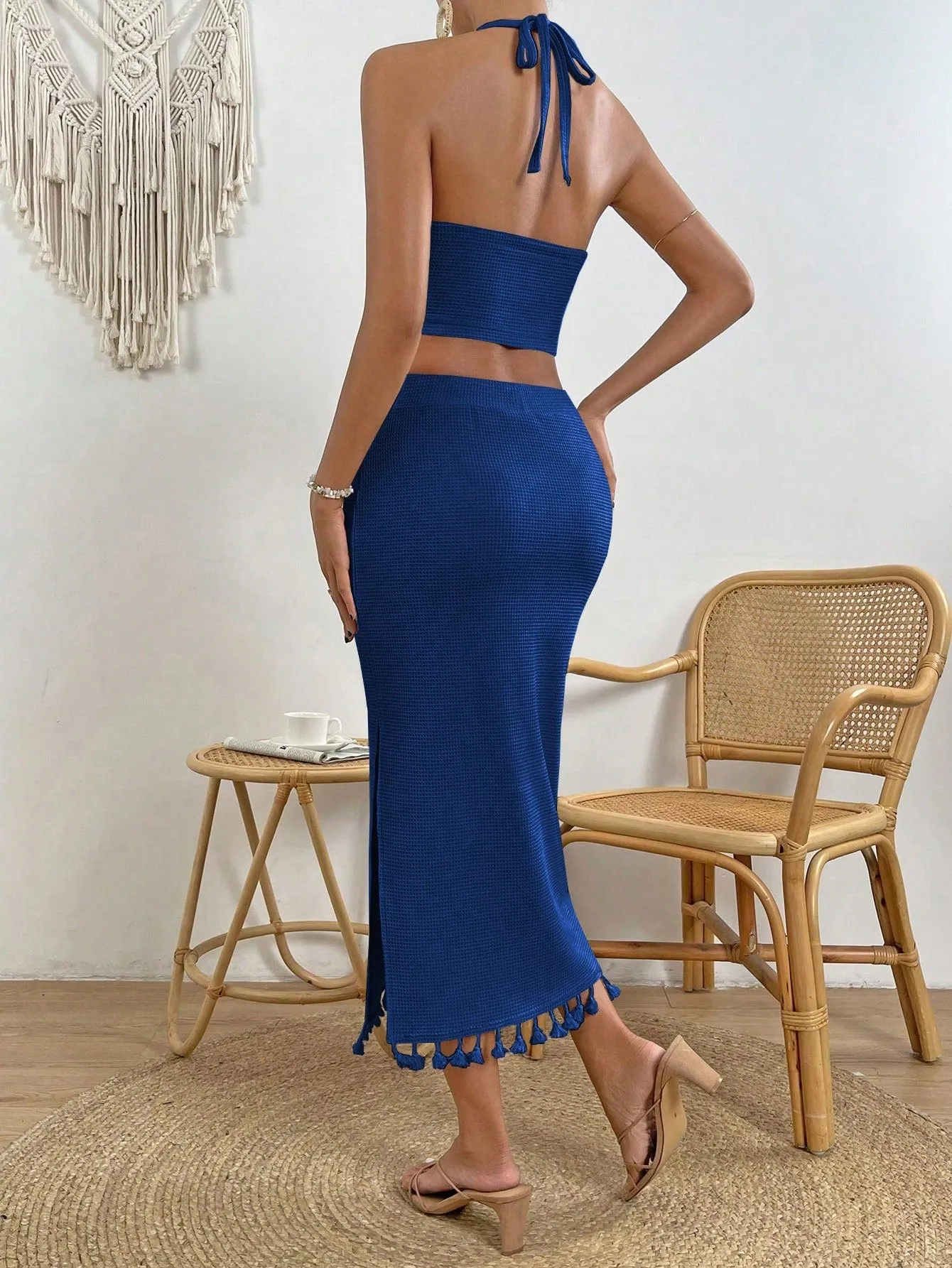 VCAY Women's Fringed Halter Top And High Slit Skirt Set