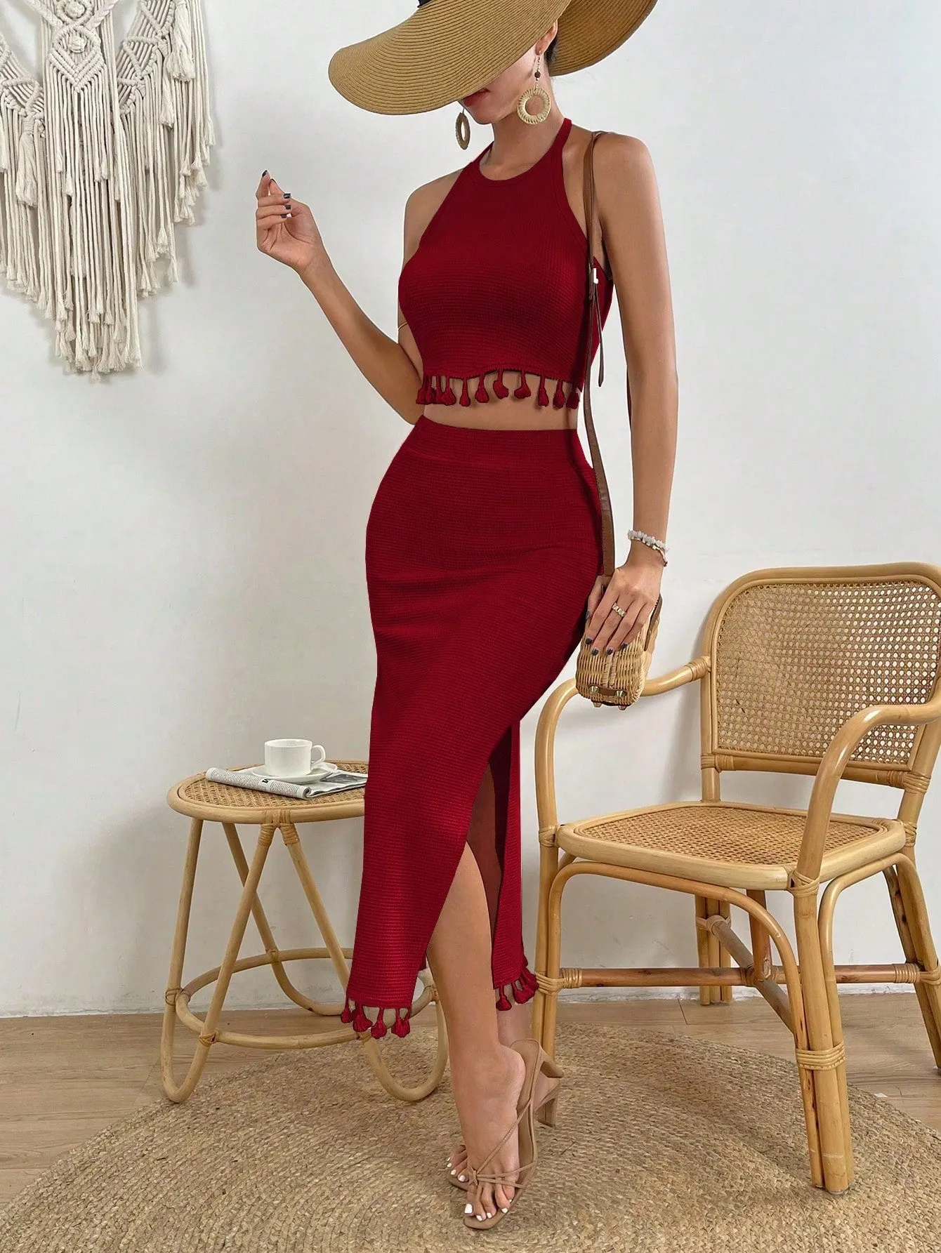 VCAY Women's Fringed Halter Top And High Slit Skirt Set
