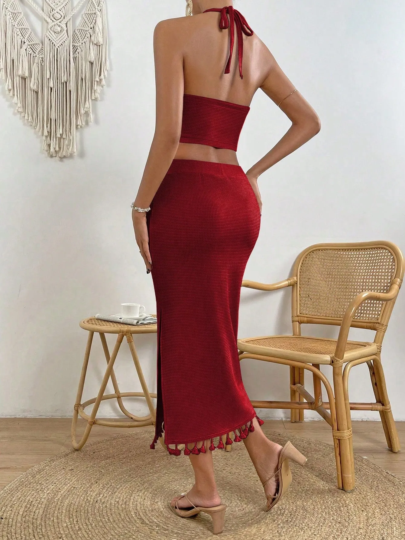 VCAY Women's Fringed Halter Top And High Slit Skirt Set