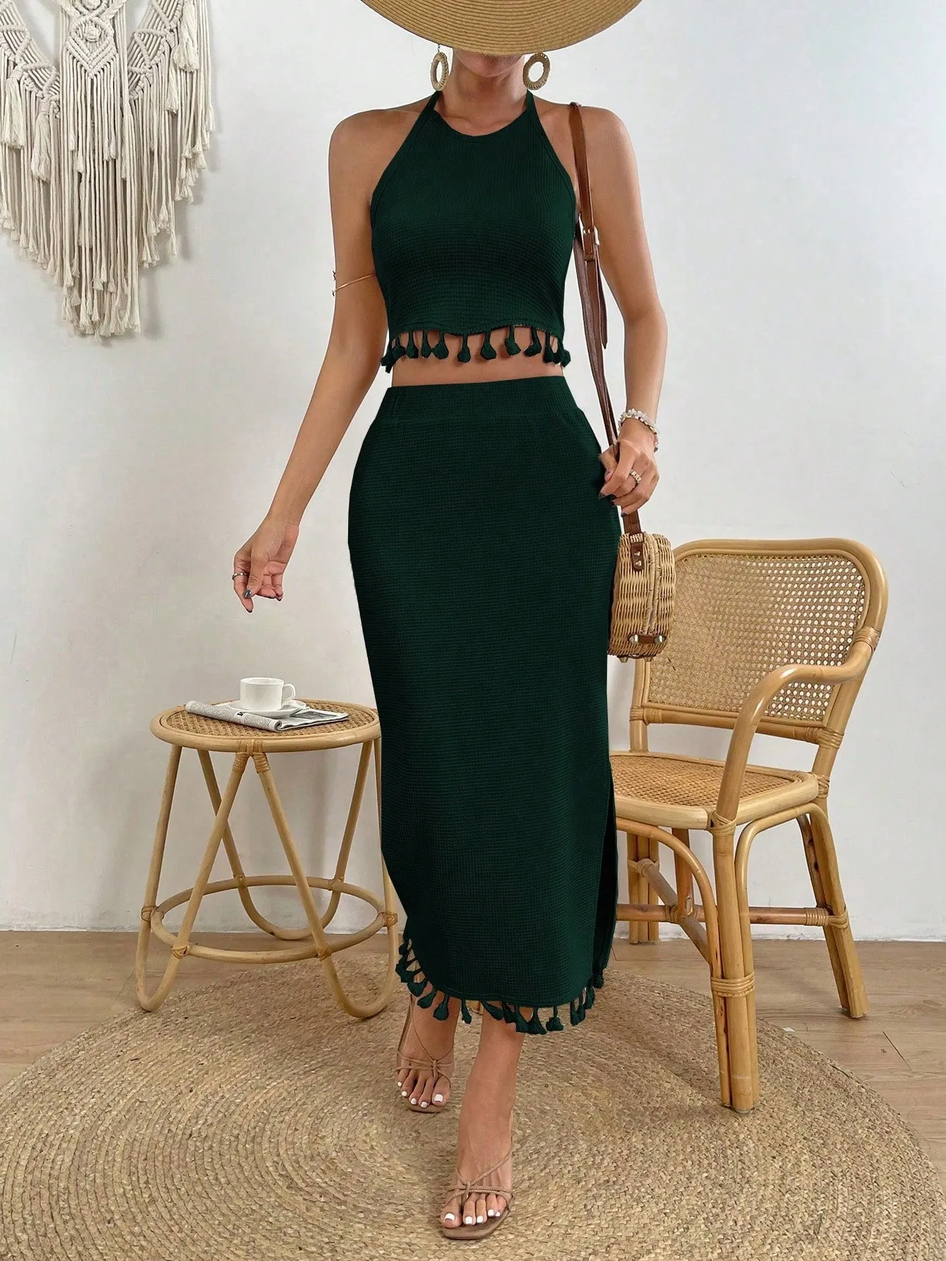 VCAY Women's Fringed Halter Top And High Slit Skirt Set