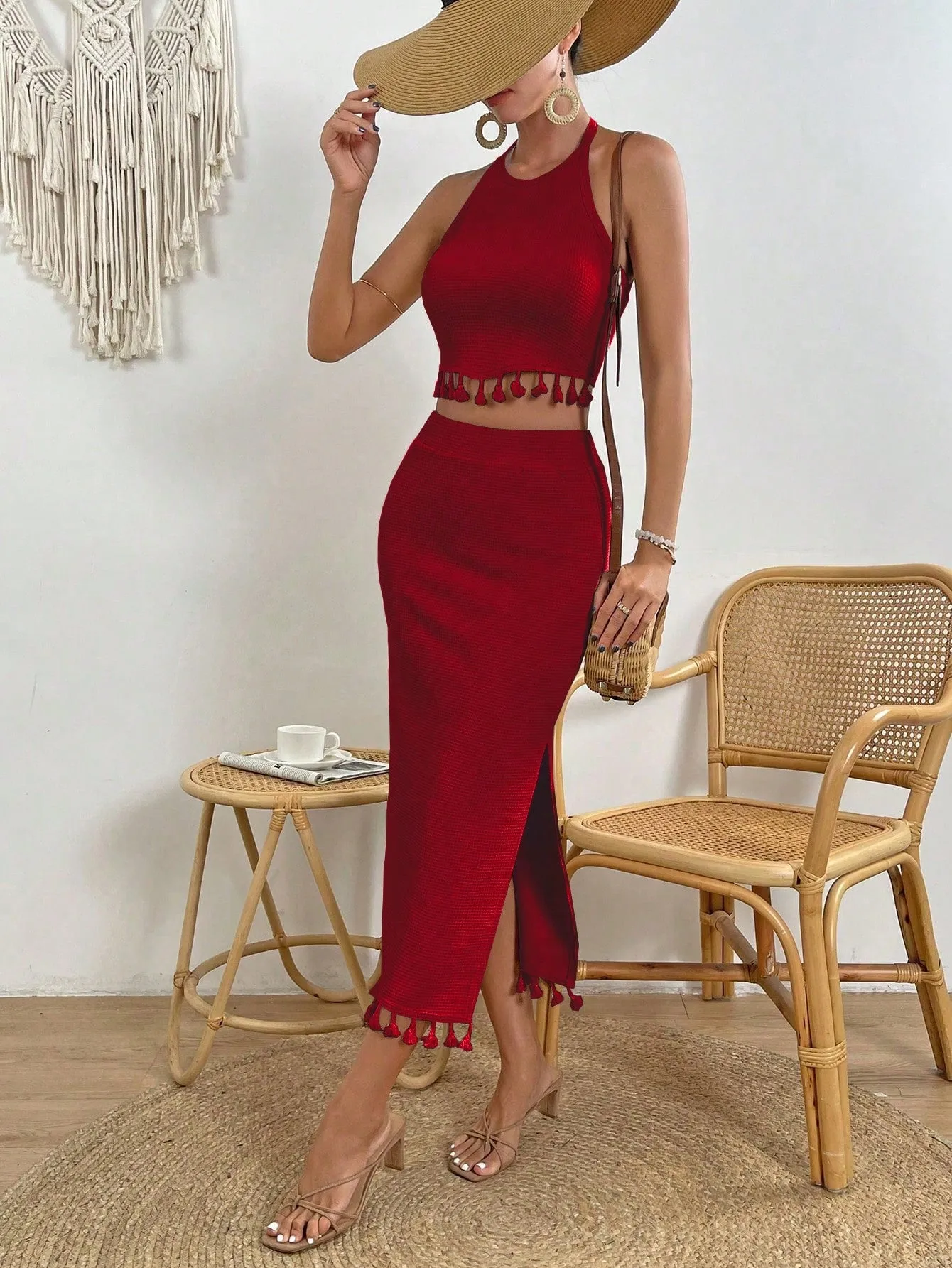 VCAY Women's Fringed Halter Top And High Slit Skirt Set