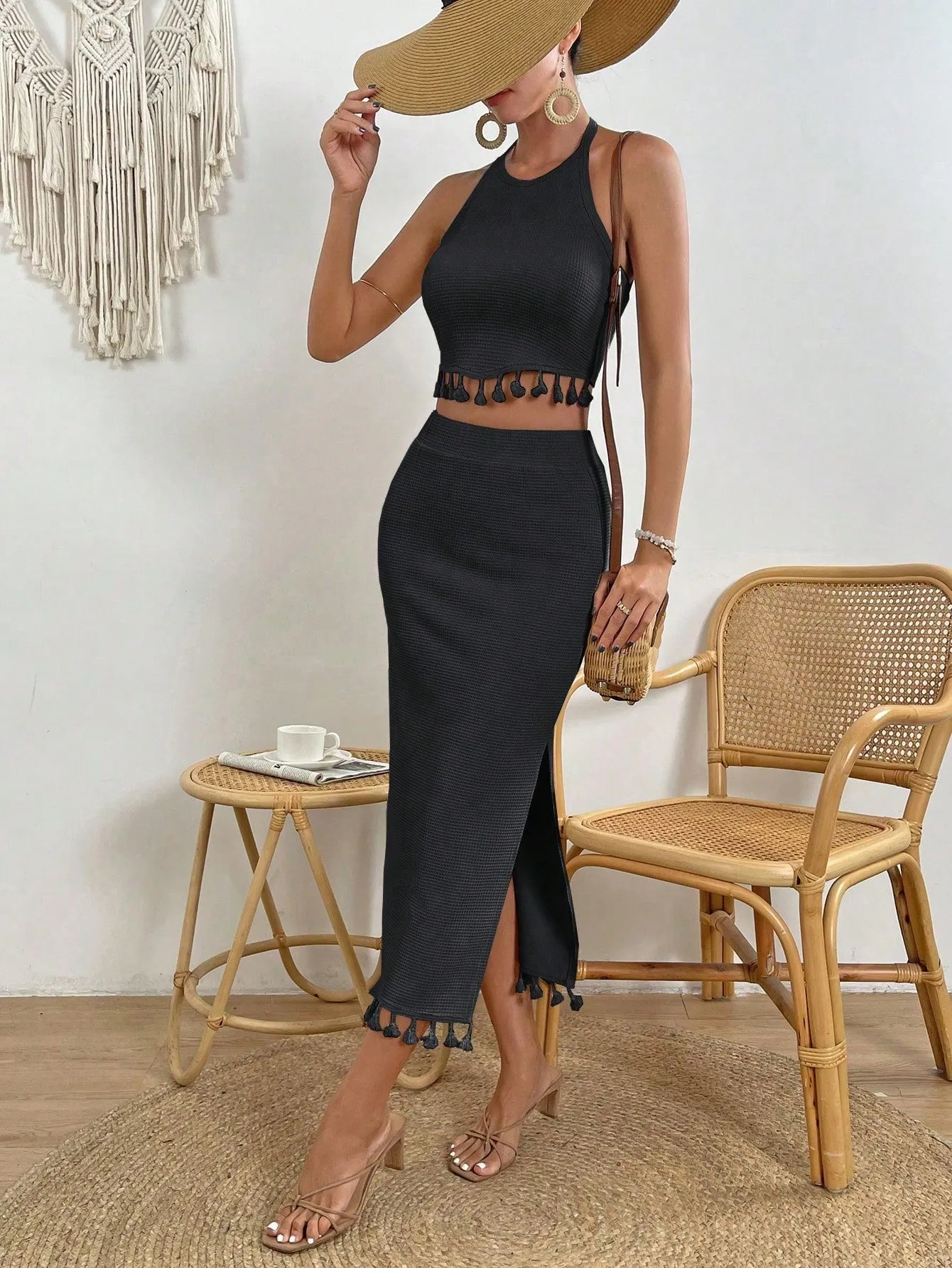 VCAY Women's Fringed Halter Top And High Slit Skirt Set