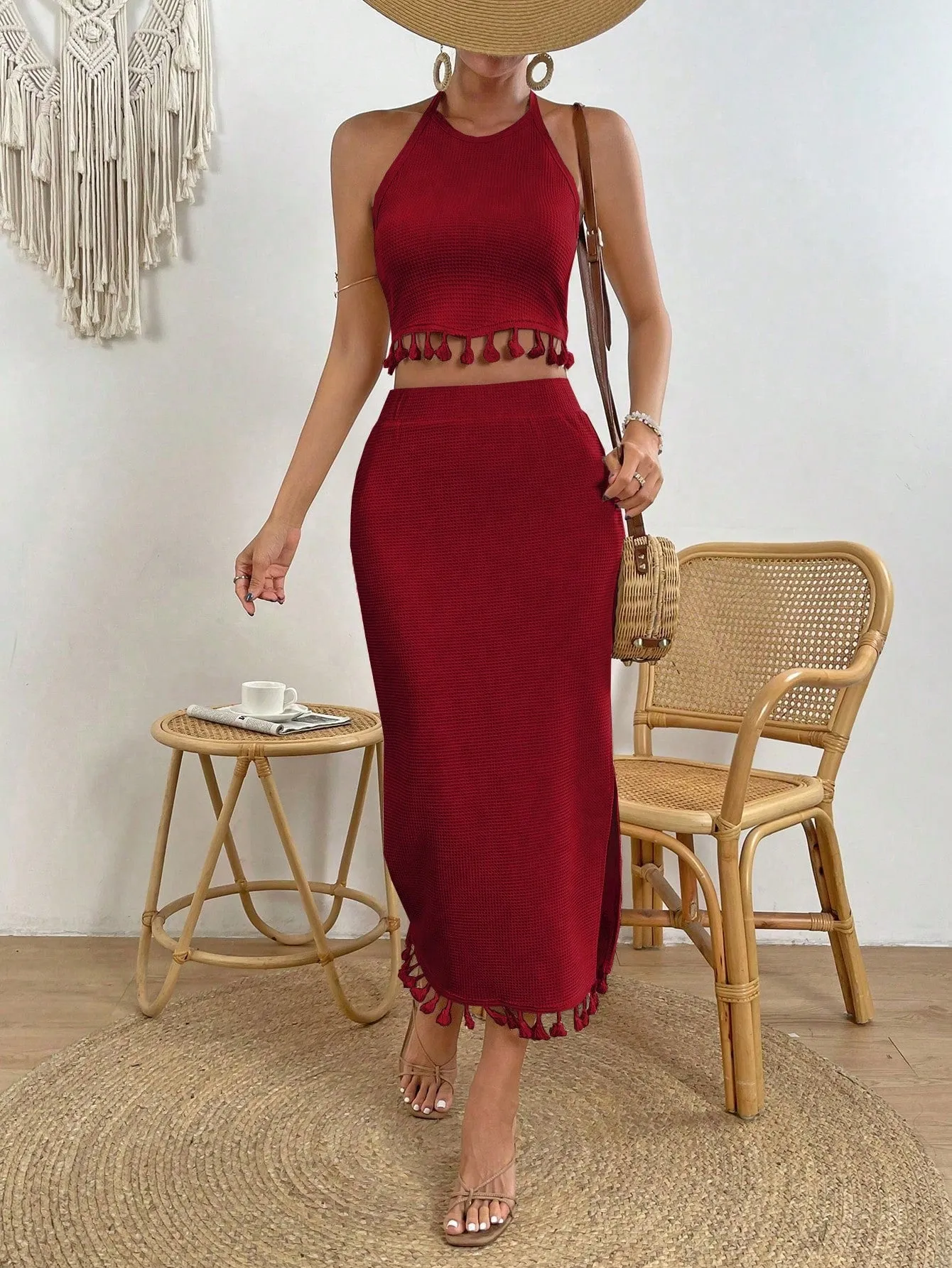 VCAY Women's Fringed Halter Top And High Slit Skirt Set