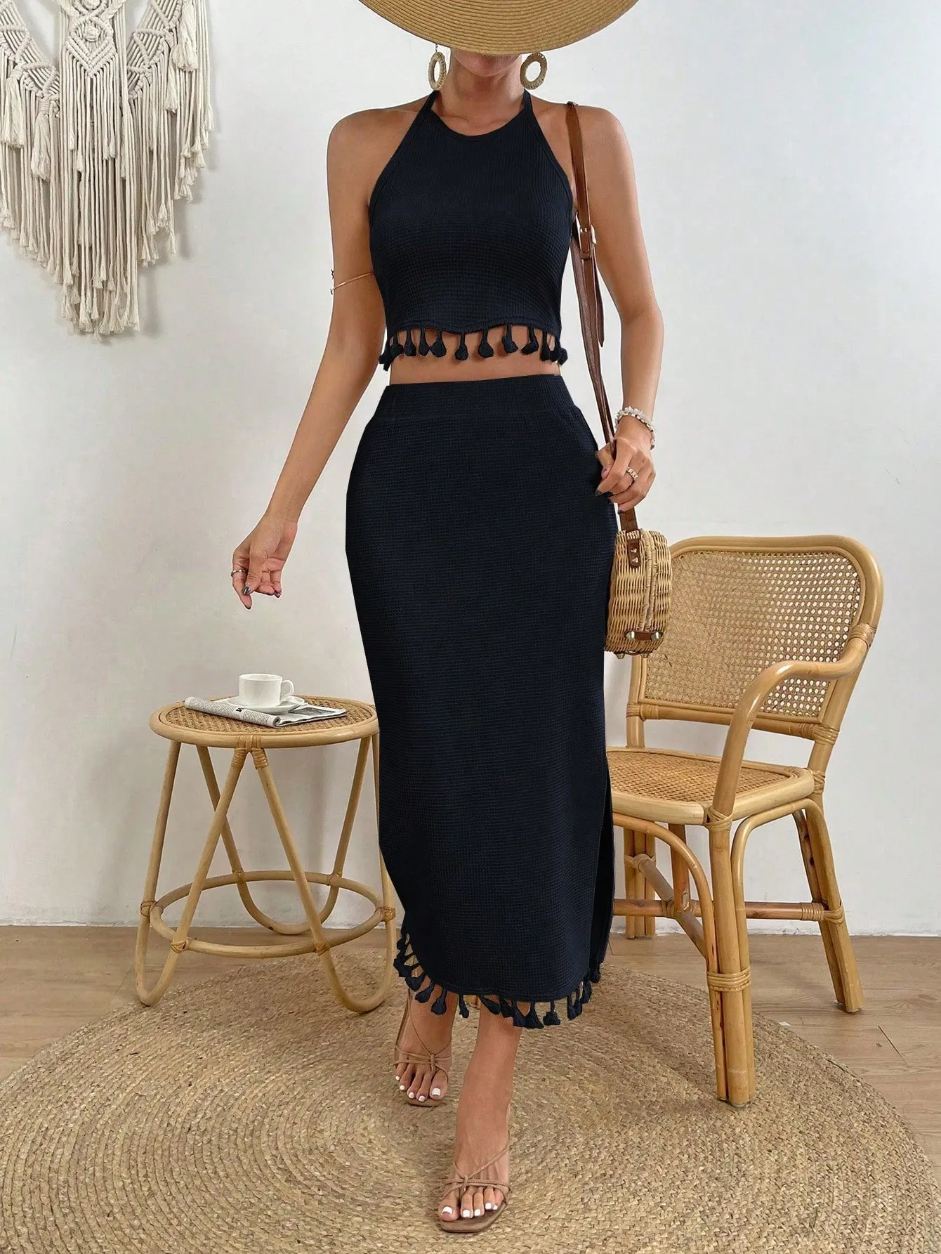 VCAY Women's Fringed Halter Top And High Slit Skirt Set