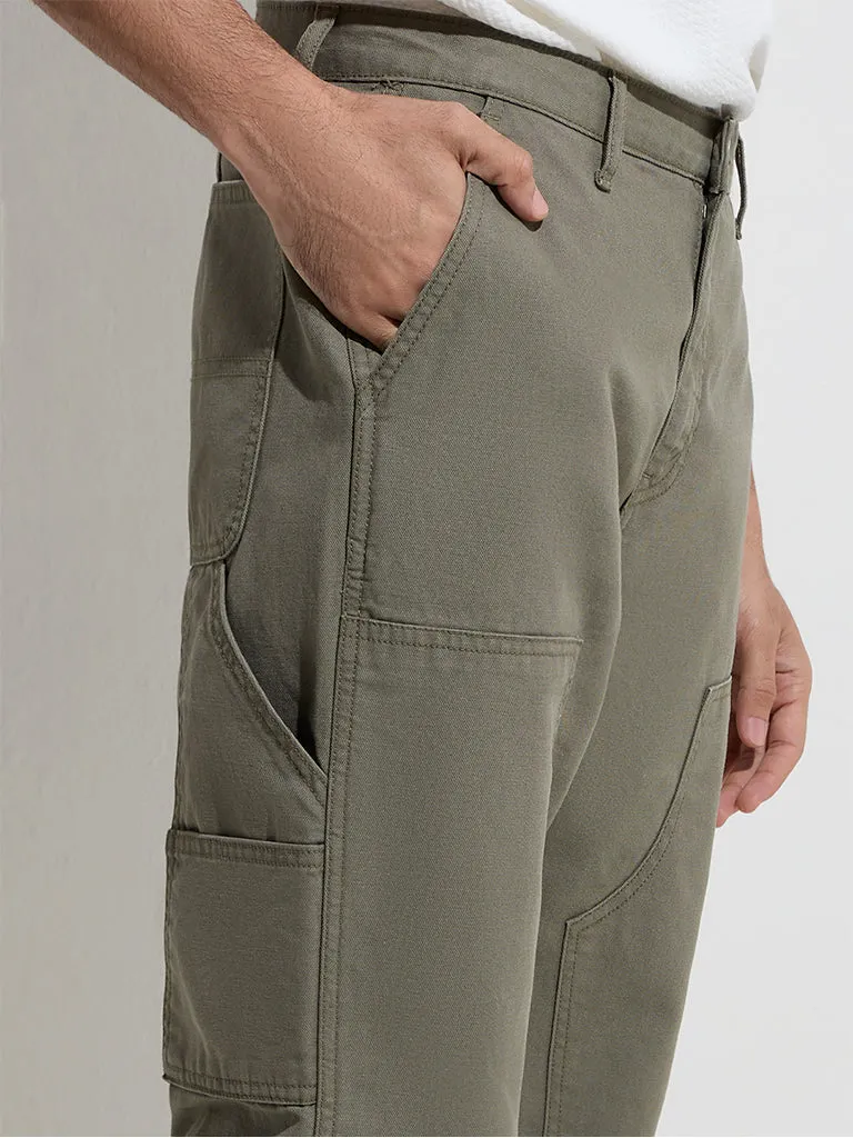 WES Casuals Olive Relaxed-Fit Mid-Rise Cotton Chinos