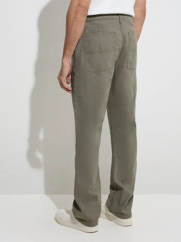 WES Casuals Olive Relaxed-Fit Mid-Rise Cotton Chinos