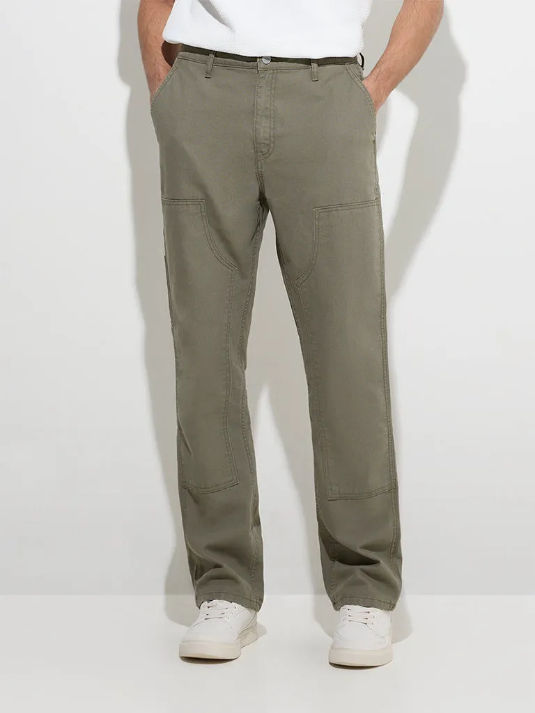 WES Casuals Olive Relaxed-Fit Mid-Rise Cotton Chinos