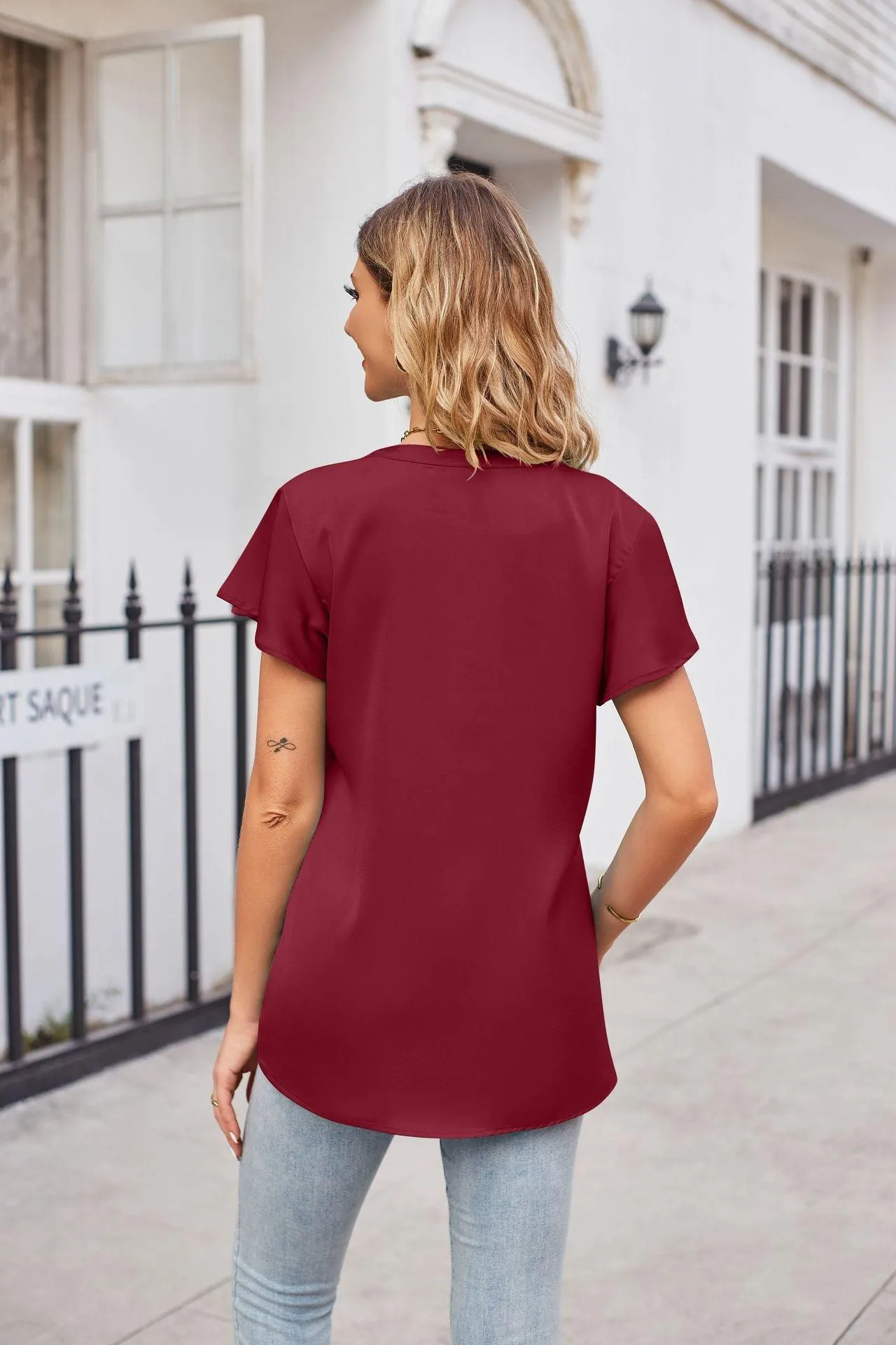 Winsome Flutter Sleeve Notched Neck Satin Top