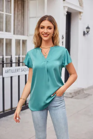 Winsome Flutter Sleeve Notched Neck Satin Top