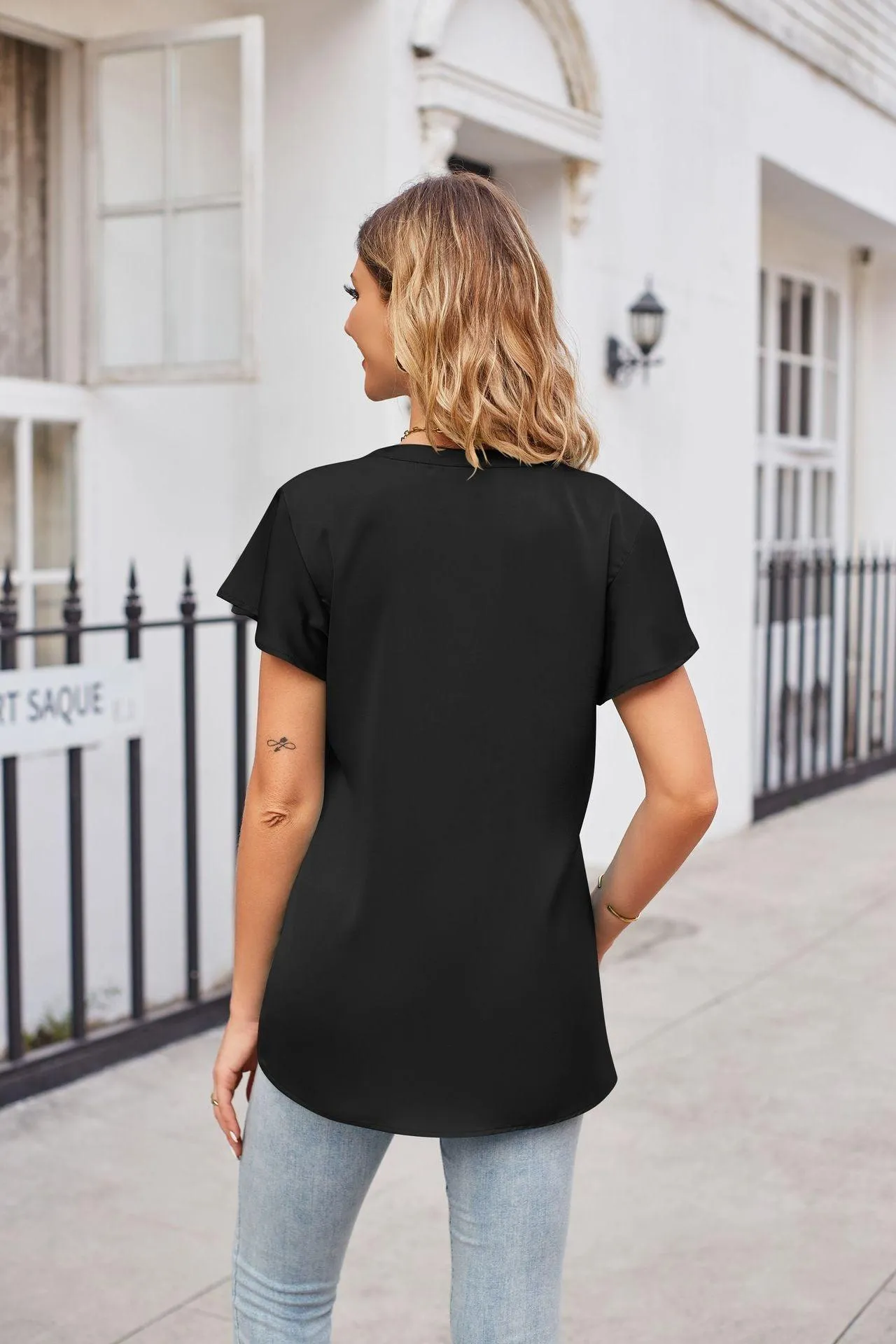 Winsome Flutter Sleeve Notched Neck Satin Top