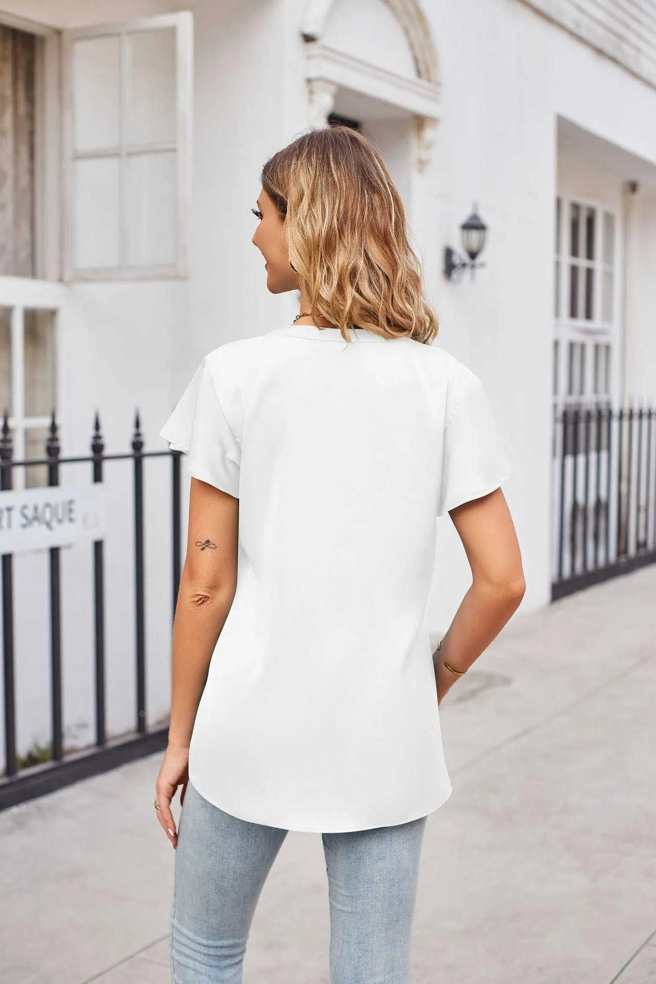 Winsome Flutter Sleeve Notched Neck Satin Top