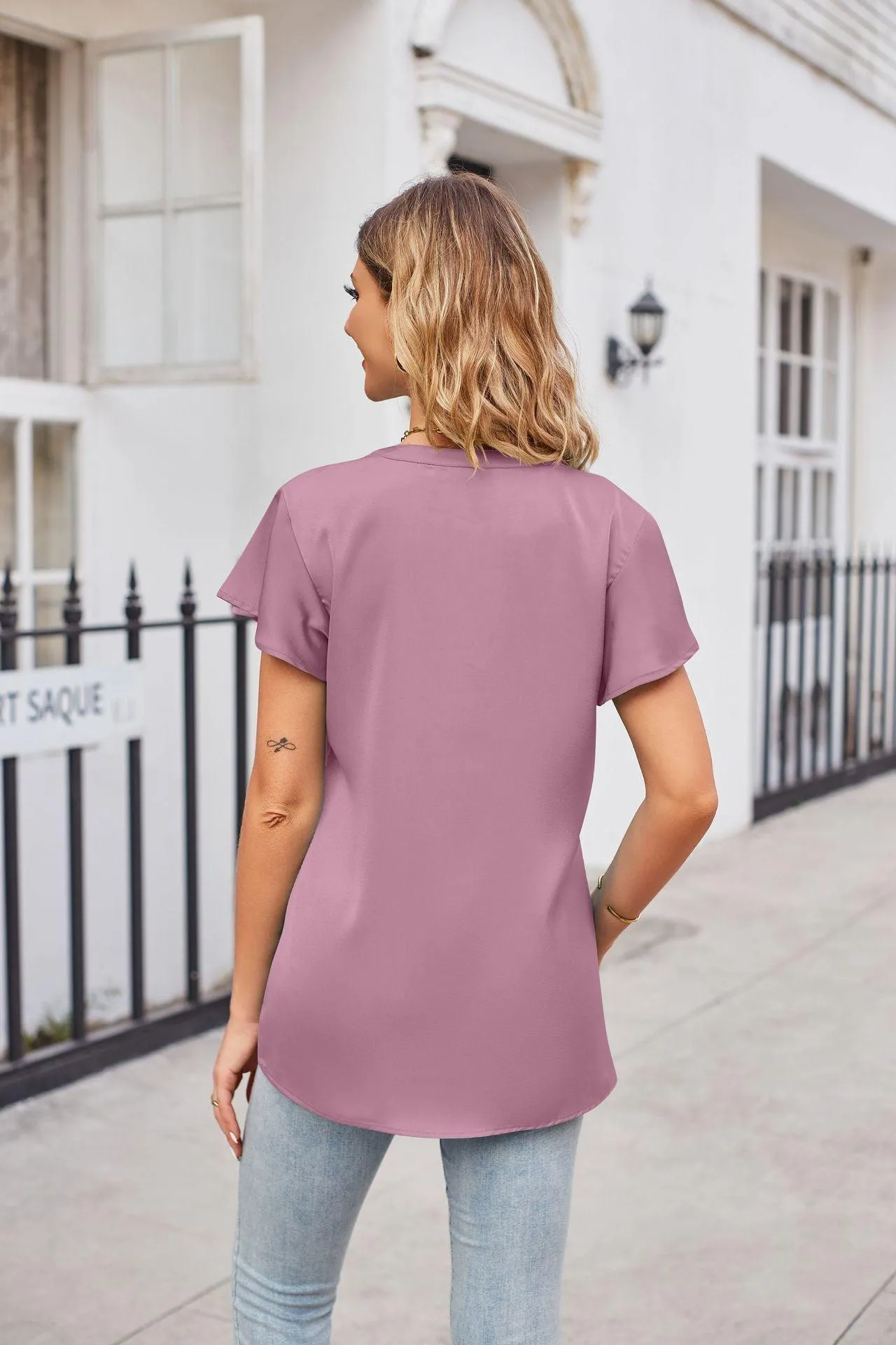 Winsome Flutter Sleeve Notched Neck Satin Top