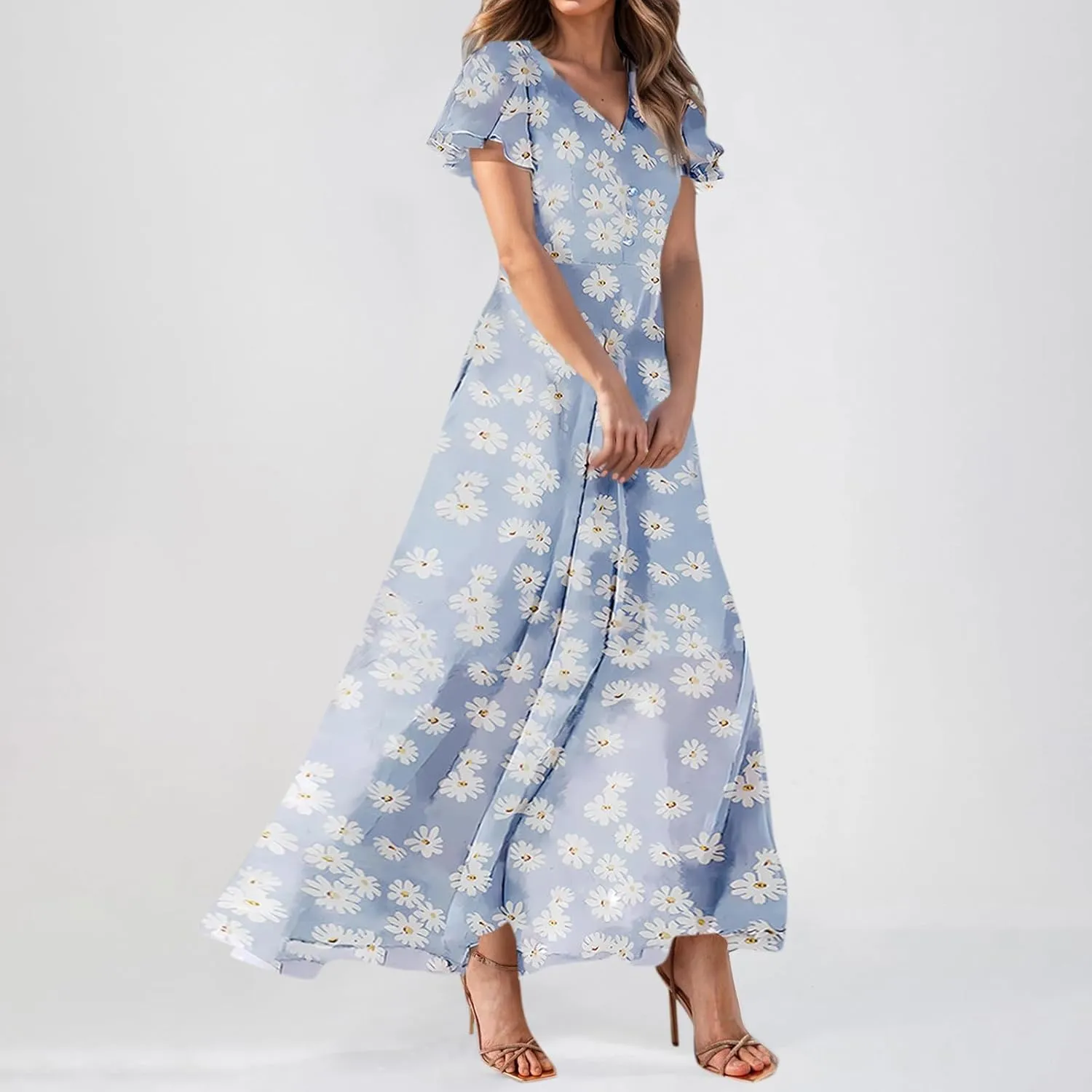 Women Easter Dress Elegant Long Floral Dresses Casual Summer Ruffle Sleeve Vneck Dress Wrap Wedding Guest Maxi Dresses