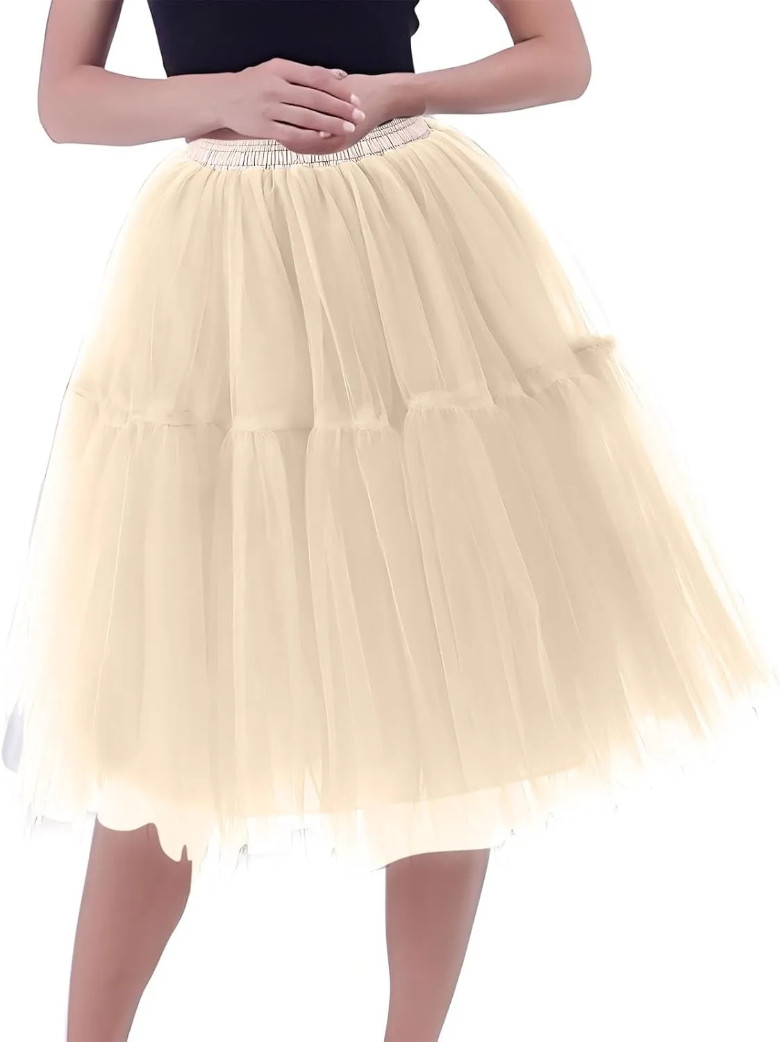 Women Mesh Splice Midi Skirts Elastic Waist Tulle Skirt A-Line Swing Knee Length Babydoll Peplum Trendy Prom Dress