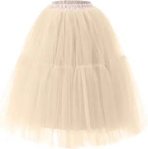Women Mesh Splice Midi Skirts Elastic Waist Tulle Skirt A-Line Swing Knee Length Babydoll Peplum Trendy Prom Dress