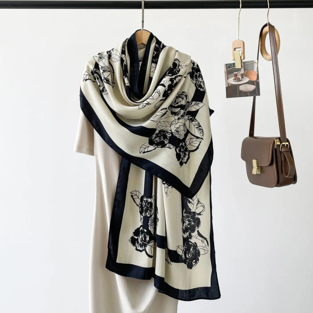 Women's Black Floral Design Luxurious Viscose Scarf