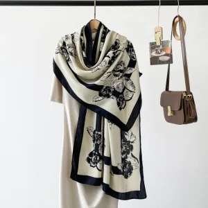 Women's Black Floral Design Luxurious Viscose Scarf