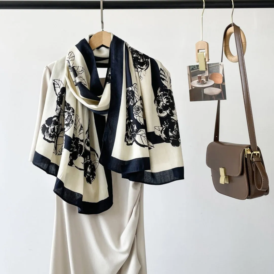 Women's Black Floral Design Luxurious Viscose Scarf
