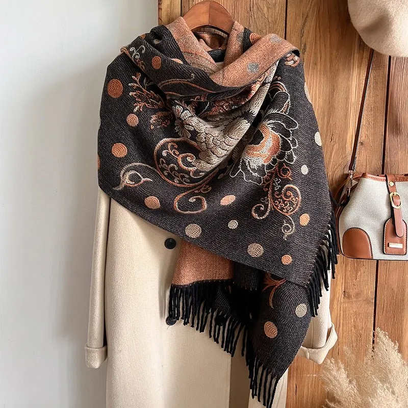 Women's Cashmere Design Winter Shawl Scarf with Embroidery Flowers