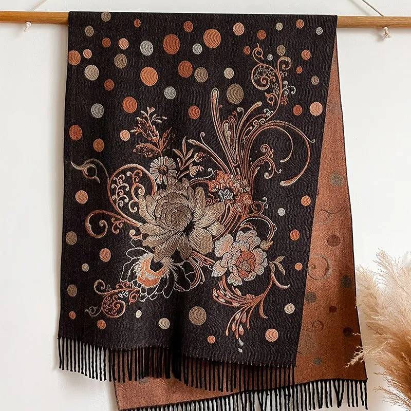 Women's Cashmere Design Winter Shawl Scarf with Embroidery Flowers