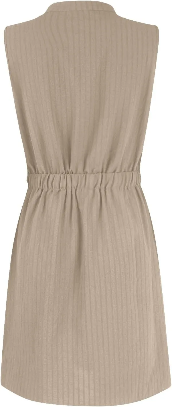 Womens Dresses Summer 2024 Trendy Sleeveless Dress Button V Neck Dress Drawstring Midi Dress Beach Sun Dresses