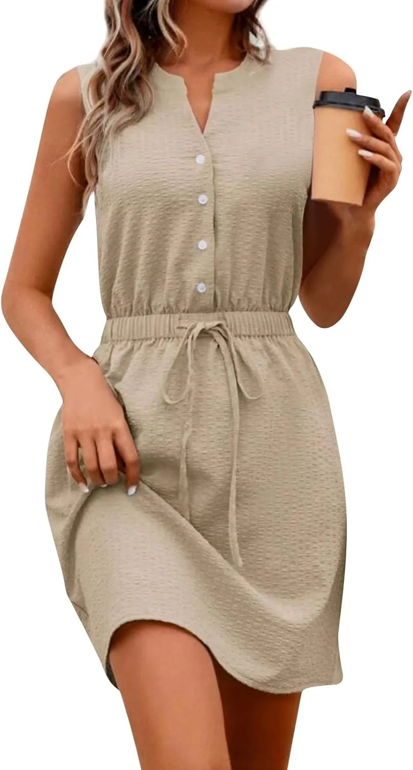 Womens Dresses Summer 2024 Trendy Sleeveless Dress Button V Neck Dress Drawstring Midi Dress Beach Sun Dresses