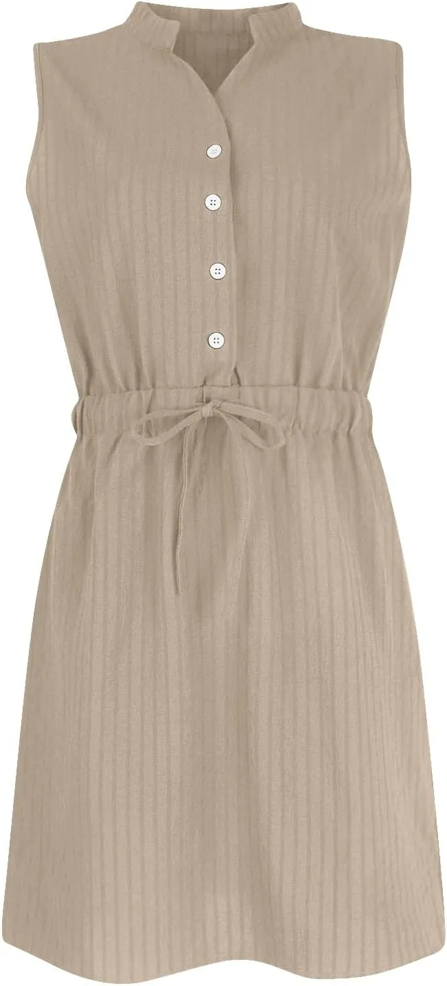 Womens Dresses Summer 2024 Trendy Sleeveless Dress Button V Neck Dress Drawstring Midi Dress Beach Sun Dresses