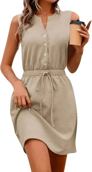 Womens Dresses Summer 2024 Trendy Sleeveless Dress Button V Neck Dress Drawstring Midi Dress Beach Sun Dresses