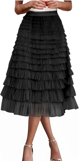 Women's Fairy Tulle Midi Skirt Sweet Elastic High Waist A-Line Ruffle Tiered Layered Mesh Puffy Long Maxi Skirt