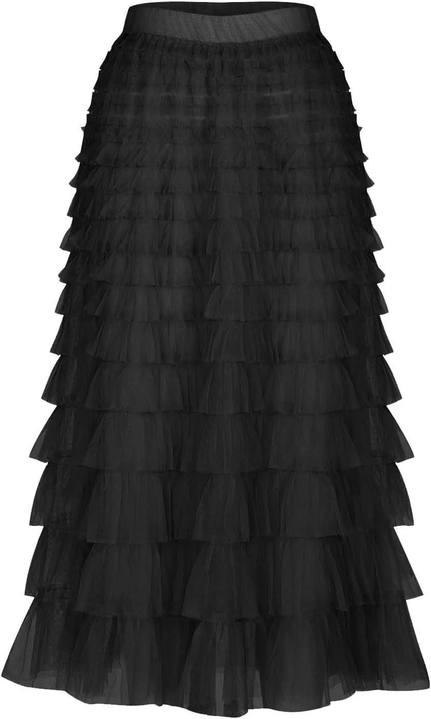 Women's Fairy Tulle Midi Skirt Sweet Elastic High Waist A-Line Ruffle Tiered Layered Mesh Puffy Long Maxi Skirt