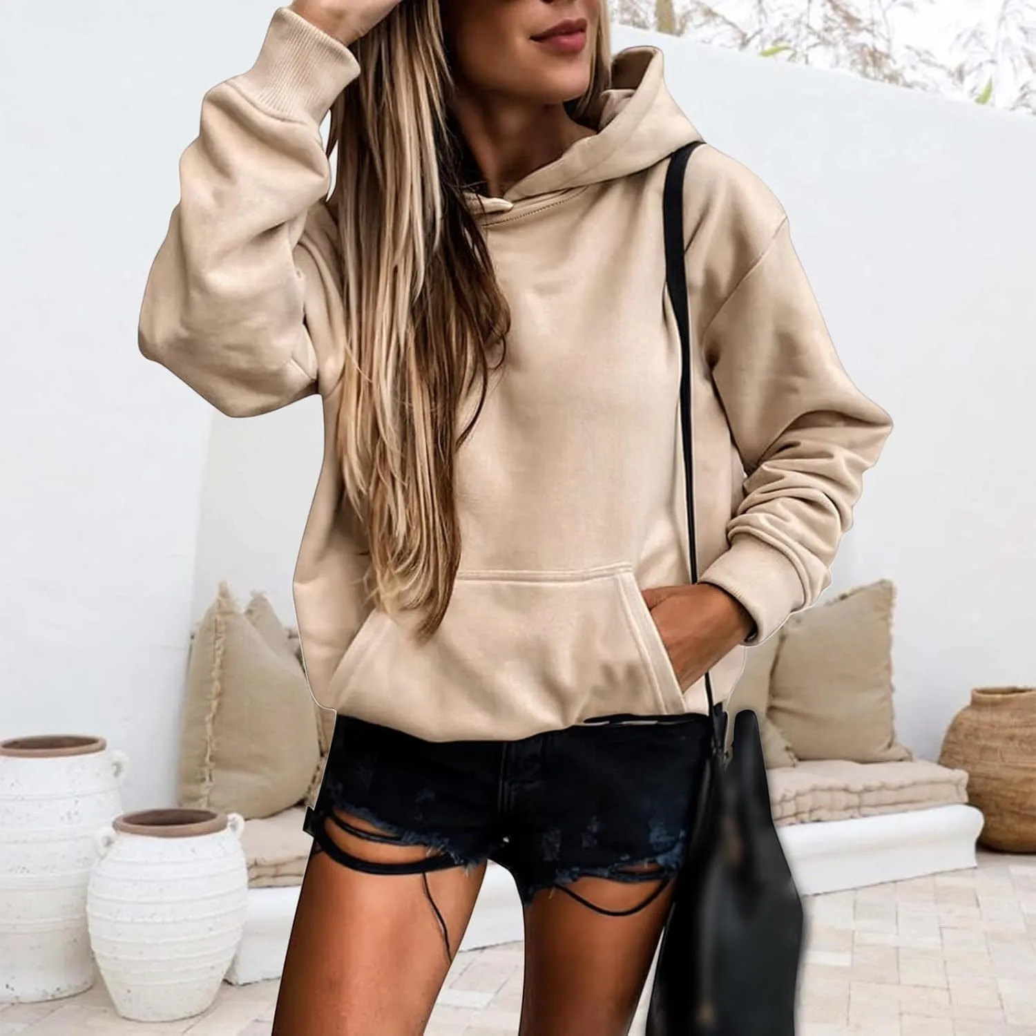 Womens Hoodies Pullover Oversized Long Sleeve Hooded Sweatshirt Casual Lightweight Solid Color Sweatshirts 2024 Fall
