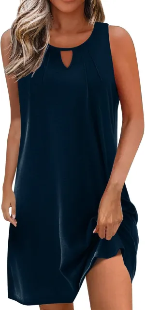 Womens Mini Dress Hallow Out Sleeveless Tank Dress Solid Color Boho Summer Dresses Beach Vacation Sundress