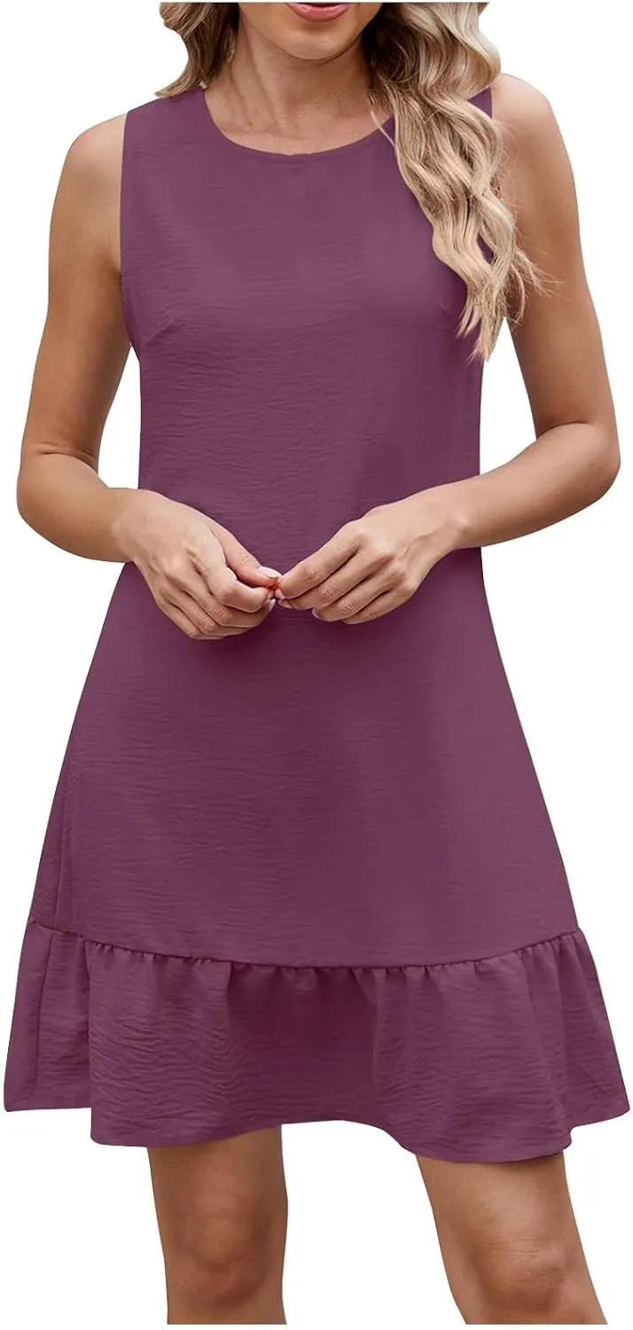 Womens Summer Dresses Casual Solid Color Crew Neck Sleeveless Dress Patchwork Trendy Summer 2025 Comfy Sundresses