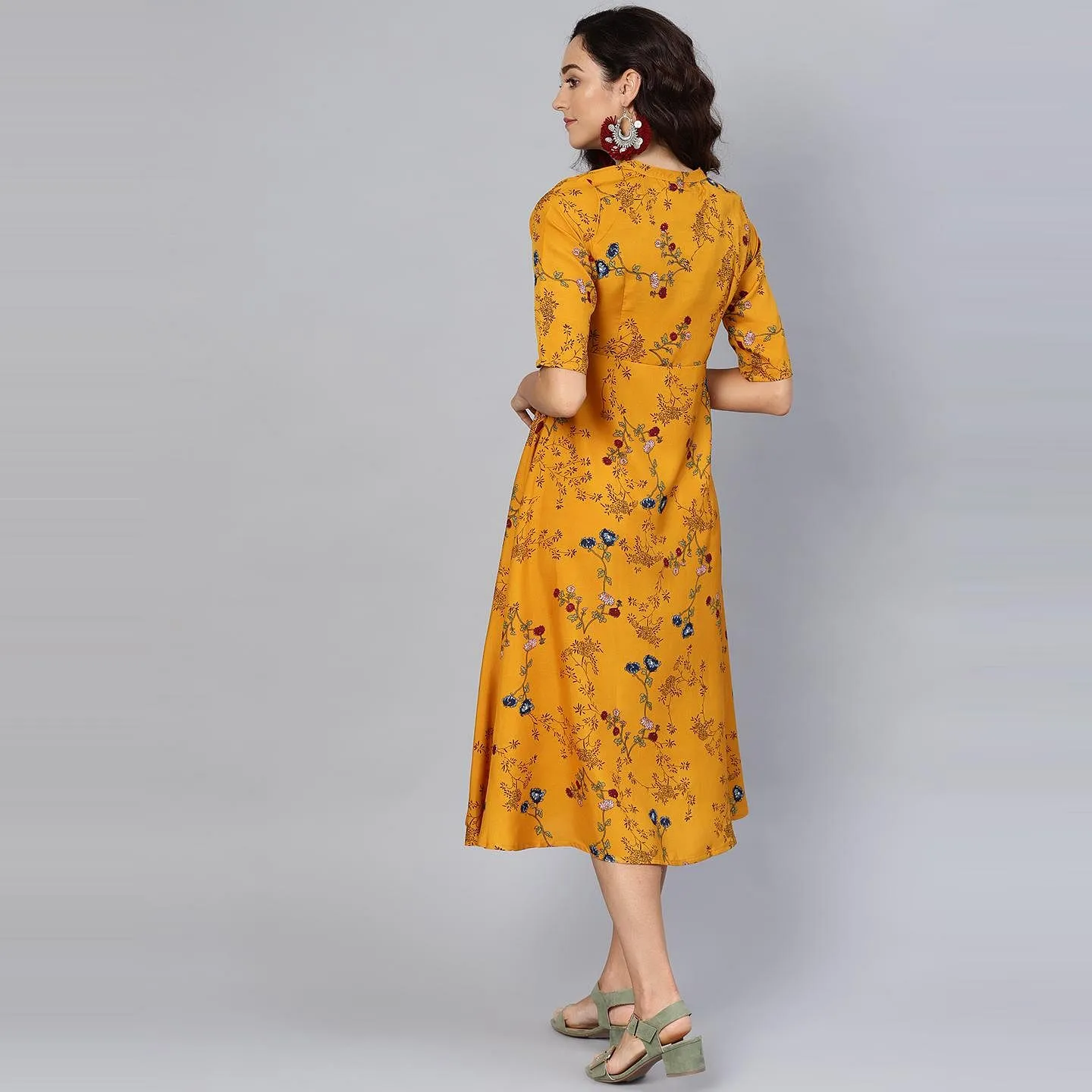 Women's Yellow Printed Collar Neck Crepe Dress