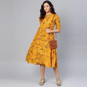 Women's Yellow Printed Collar Neck Crepe Dress