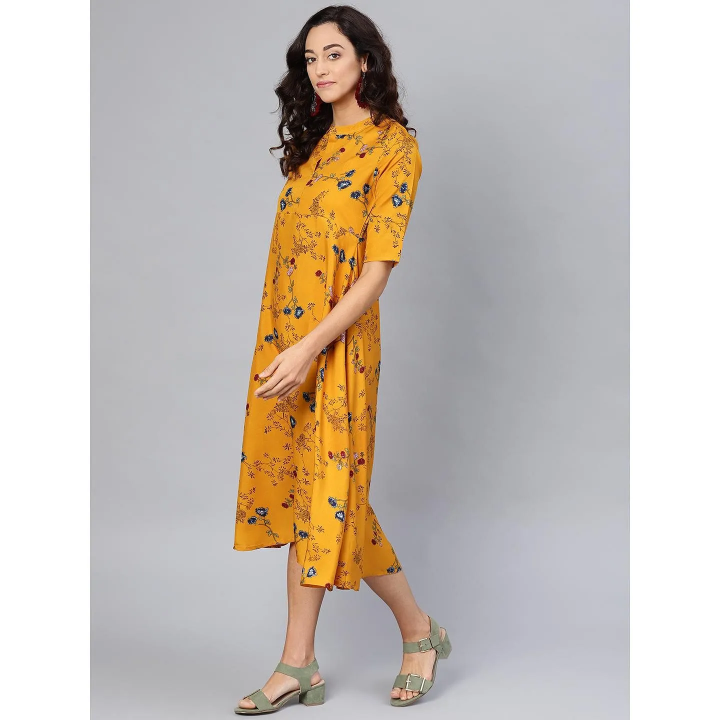 Women's Yellow Printed Collar Neck Crepe Dress