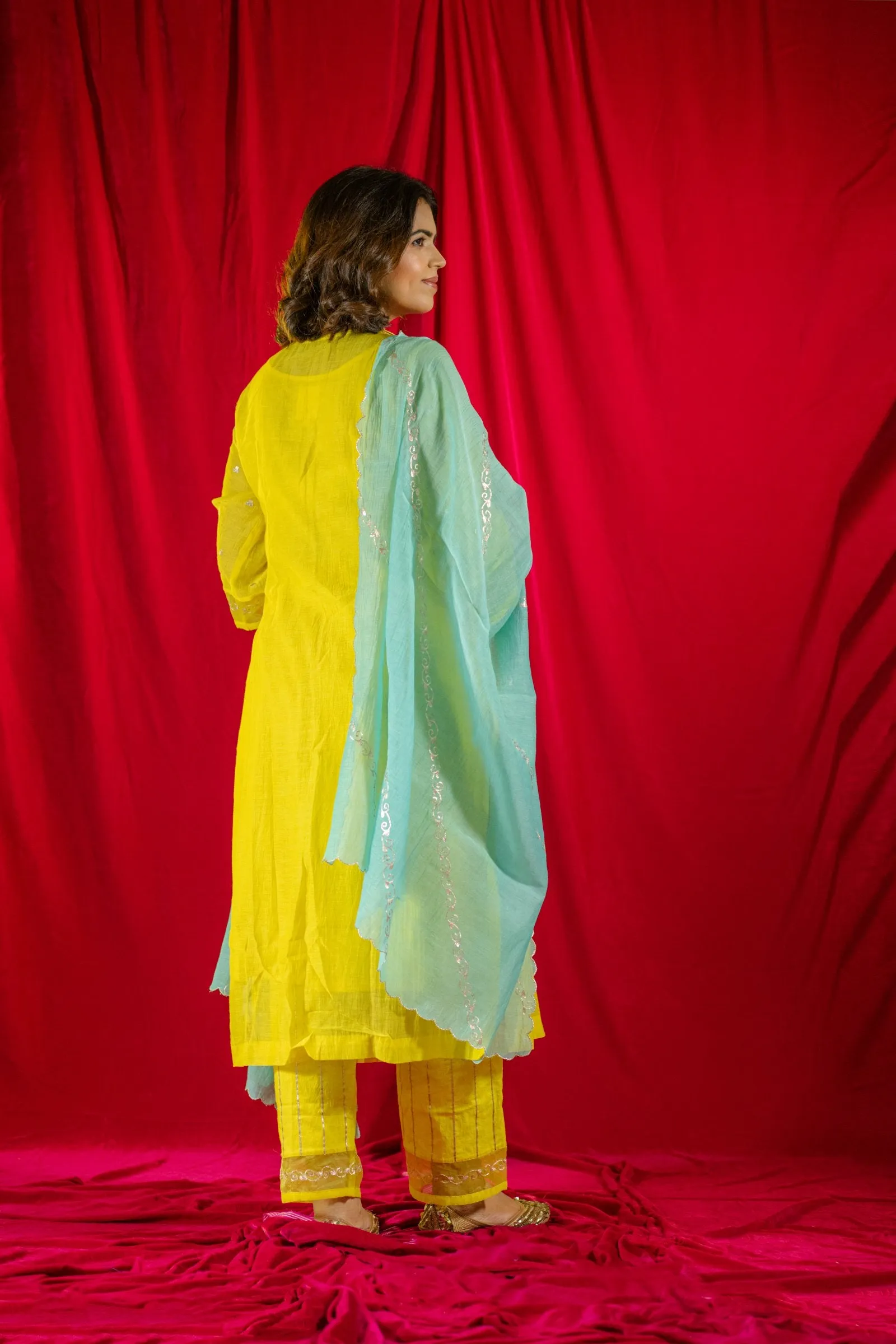 Yellow V Neck Kurta Set