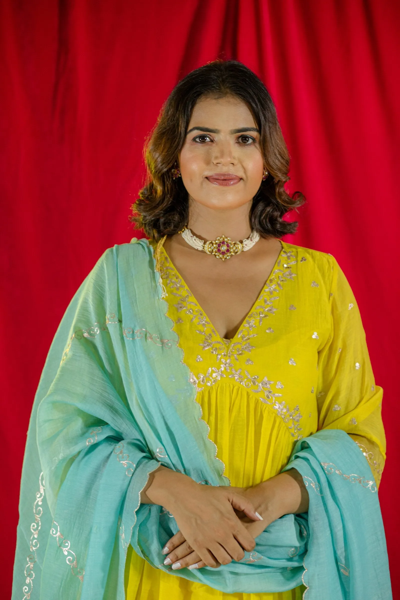 Yellow V Neck Kurta Set
